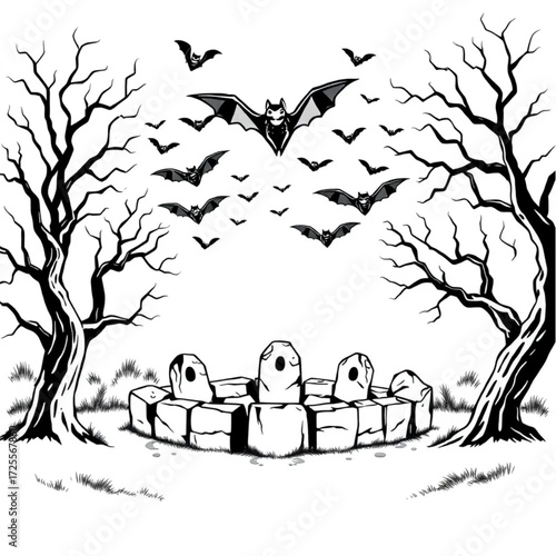 A bat swarm hovering above the ground in a ancient stone circle surrounded by twisted trees.