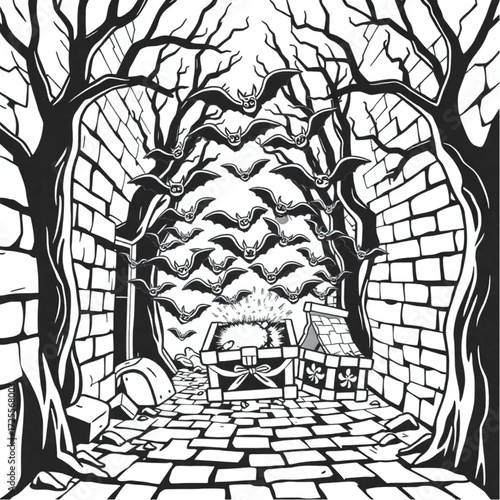 A bat swarm guarding a hidden treasure in a cobblestone alley surrounded by twisted trees.