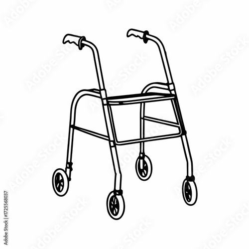 Simple line drawing of a walker with wheels for support  