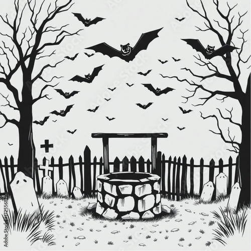 A bat swarm floating near the old well in a foggy graveyard surrounded by creaking wooden gate.