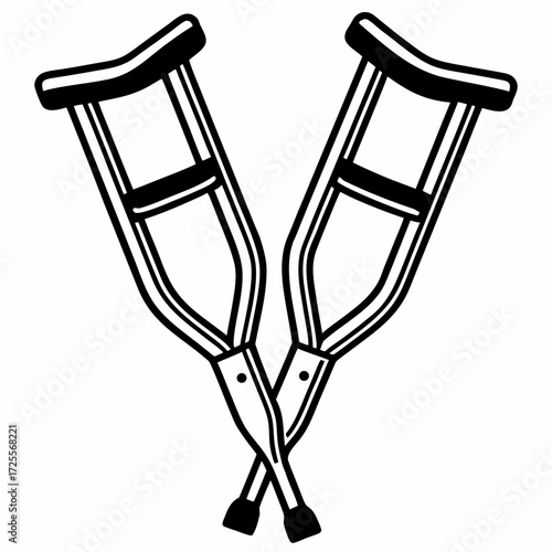 Crutches crossed in black line art illustration on white background  