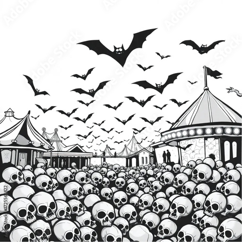 A bat swarm dancing under the moonlight in a haunted amusement park surrounded by pile of skulls.