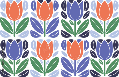 Repeating pattern of orange and blue tulip flowers with leaves on white background