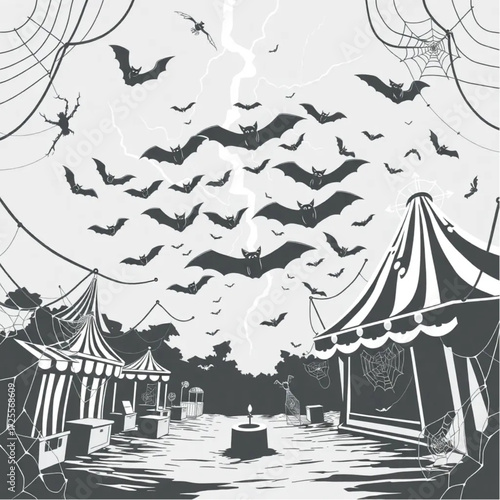 A bat swarm appearing in a sudden flash of lightning in a abandoned carnival surrounded by spider webs.