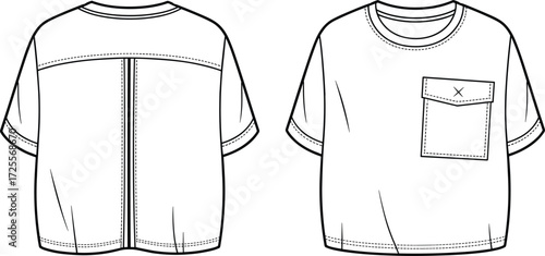 Vector fashion illustration of short sleeve t‑shirt with chest flap pocket, ribbed collar, back yoke seam, wide sleeves, front and back view
