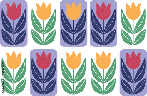 Pattern of red and yellow tulips in rectangles on a white background art