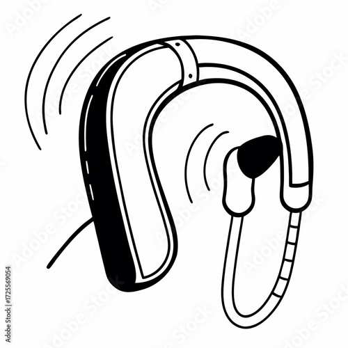 Continuous line drawing of a hearing aid device with sound waves  