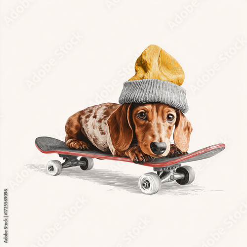 Illustration of Dachshund Dog with Beanie on Skateboard