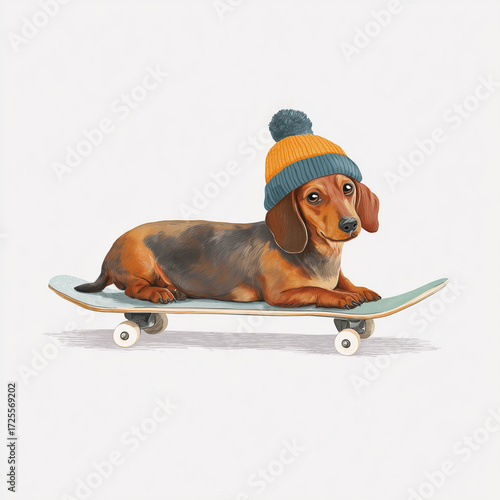Illustration of Dachshund Dog with Beanie on Skateboard