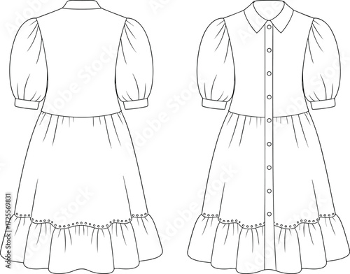 Vector fashion illustration of puff sleeve shirt dress with collar, button front bodice, flared ruffle hem skirt, front and back view