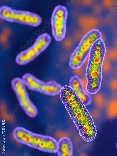 Fluorescent animation of Clostridium botulinum cells with rod-shaped glowing structures