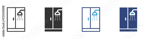 Shower cabin bathroom icon set in outline and flat style , Glass shower enclosure with door stall cabin icon ,  vector illustration .