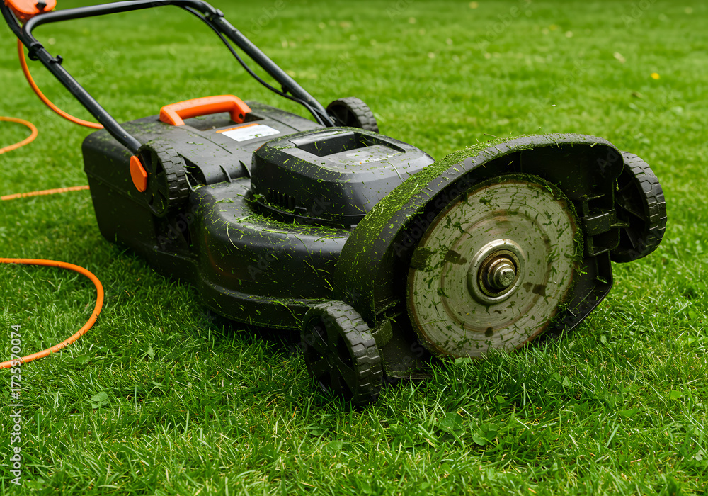 Fototapeta premium Closeup of electric lawn mower on green grass, ready for yard maintenance task