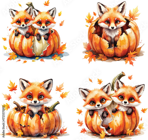 Watercolor illustrations of cute baby foxes in pumpkins