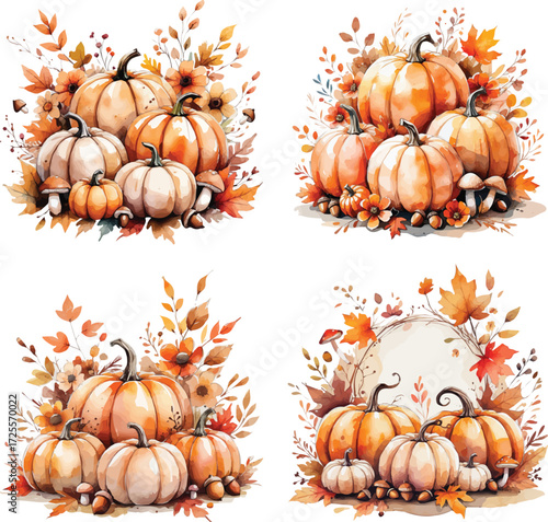Watercolor pumpkin illustration set
