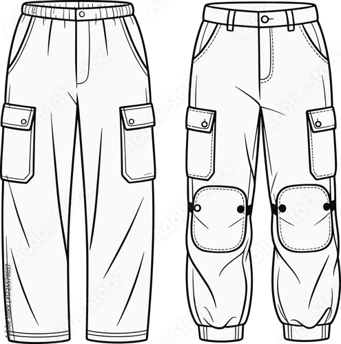 Vector fashion illustration of cargo pants with pockets, elastic waistband, belt loops, padded knee details, tapered fit, front and back view