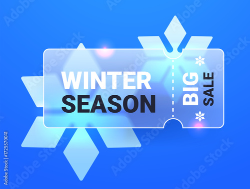 Winter season glass morphism ticket on blue background. Big sale tear-off coupon with two snowflakes