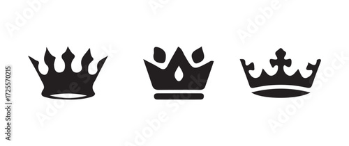 Crown icons set, crown symbol set. king, princess crowns, royal king crown, simple minimal king crown black silhouette, vector illustration EPS 10.