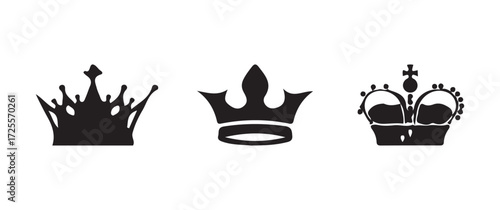 Crown icons set, crown symbol set. king, princess crowns, royal king crown, simple minimal king crown black silhouette, vector illustration EPS 10.