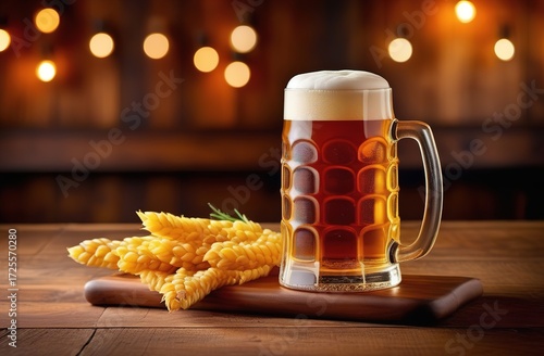 a glass of beer, delicious food, a bar. Beer festival. Oktoberfest. Folklore festival in Germany.