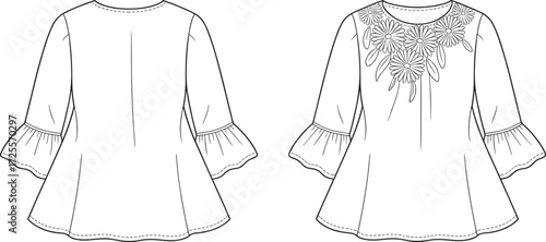 Vector fashion illustration of Peter Pan collar blouse with puff long sleeves, ruffle cuffs, pleated flared skirt, button front design