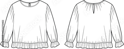 Vector fashion illustration of women blouse with round neckline, puff long sleeves, ruffle cuffs, gathered hem, keyhole back, front and back view