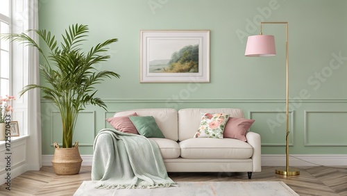Cozy living room serenity soft blue walls wood accents and lush greenery