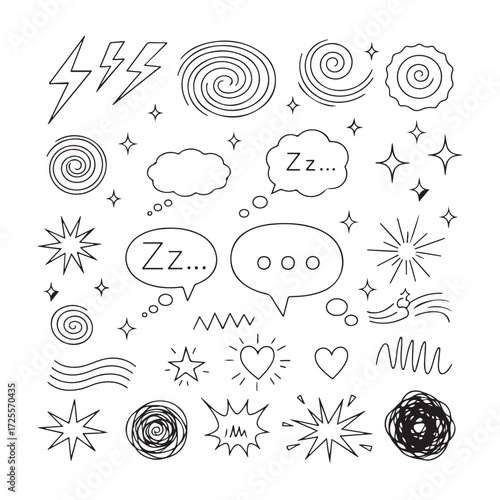 Manga doodle expression set. Line comic anime elements featuring cartoon motion, emphasis marks, exclamations, dizzy, angry, and shocked emotions with funny effects. Isolated vector collection. (2)