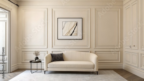 Elegant minimalist cream lounge with framed art and plush sofa sophisticated interior design