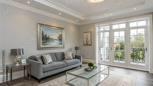 Modern living room with light grey walls elegant sofa and bright natural light