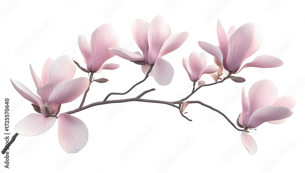 Obraz premium A delicate branch of pink magnolia flowers gracefully arching against a clean white background. their soft petals and intricate details. ideal for spring-themed designs or nature-focused projects