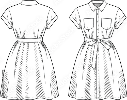 Vector fashion illustration of short sleeve knee length shirt dress with collar, button front, chest pockets, waist belt, front and back view