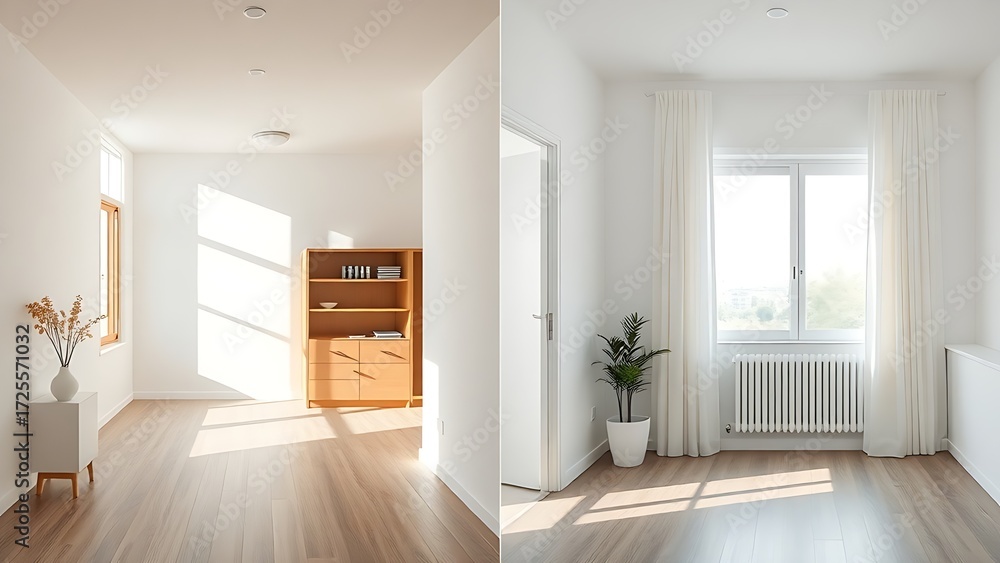 Fototapeta premium Interior renovation progress comparison, showing a simple room transformation with ambient lighting.
