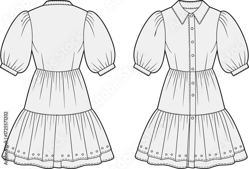 Vector fashion illustration of puff sleeve tiered dress with collar, button front, fitted bodice, embroidered hem, front and back view