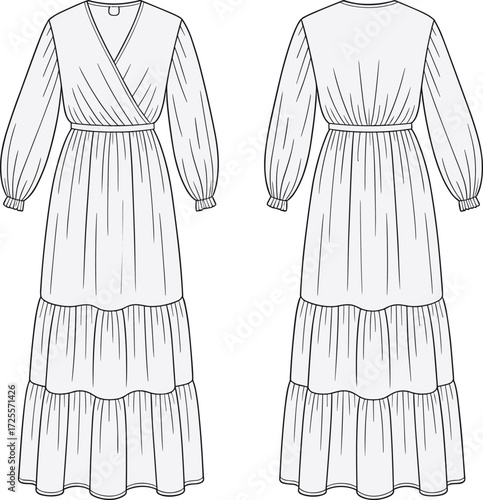 Women long sleeve wrap dress technical flat fashion sketch with tiered gathered skirt, V neckline, front and back garment construction vector