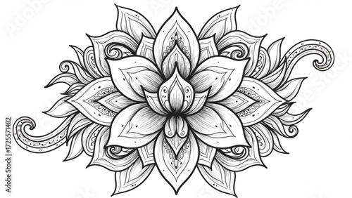 Elegant lotus flower design, intricate line art perfect for coloring books, tattoo art, and spiritual designs, with calming, meditative, and zen appeal