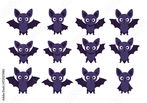 Vector art of a whimsical assortment of cartoon bats, each displaying unique expressions and wing positions, creating a playful and spooky halloween theme