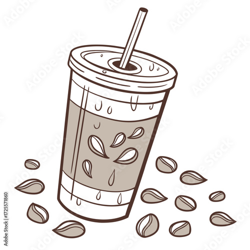 Cartoon coffee drink with scattered beans