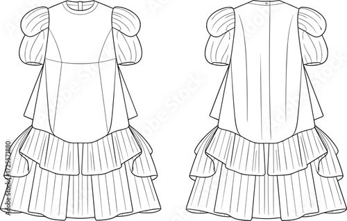 Women puff sleeve tiered dress technical flat fashion sketch with pleated skirt, round neckline, front and back garment construction vector