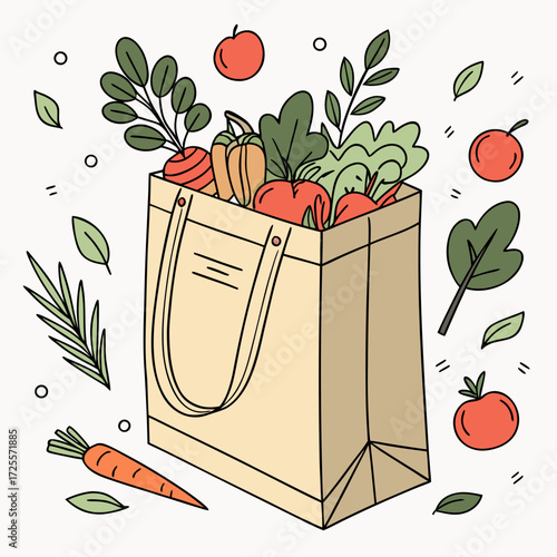 Illustrated grocery bag filled with fresh fruits and vegetables