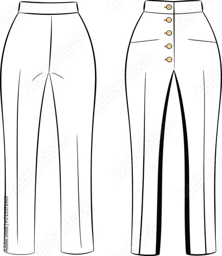 High waisted women trousers technical fashion flat sketch with button fly closure, darts, pockets, straight leg pants vector illustration