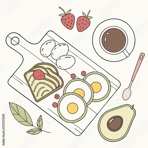 Healthy breakfast spread with toast eggs avocado and coffee