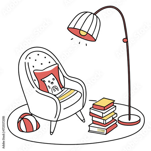 Cozy reading nook with armchair lamp and books