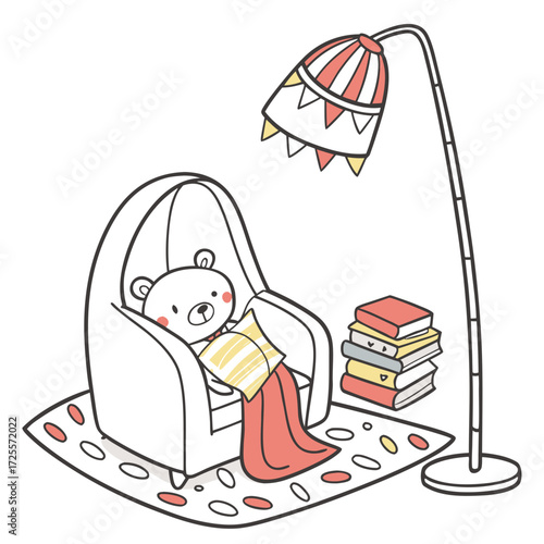 Cozy bear reading a book in an armchair under a lamp