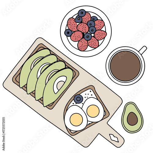 Healthy breakfast spread with avocado toast and fruit