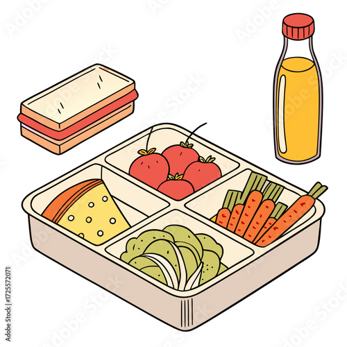 Healthy bento box lunch with sandwich and juice