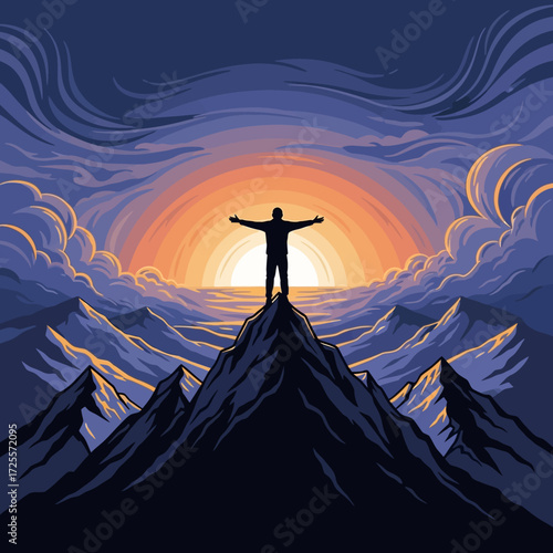 Triumphant figure silhouetted atop a majestic mountain peak with arms outstretched embracing a breathtaking sunrise and vibrant sky, symbolizing success and new beginnings.