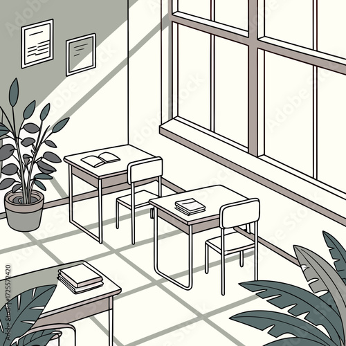 Sunlit classroom with desks and potted plants
