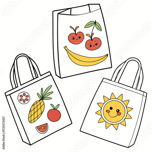 Cute cartoon fruit and sun designs on tote bags