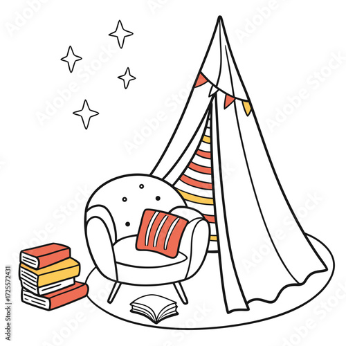 Cozy reading nook with tent chair and books